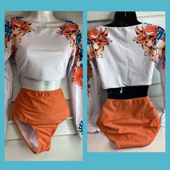 Floral Long Sleeve Crop Top - White and Orange 37 - Picture 4 of 6